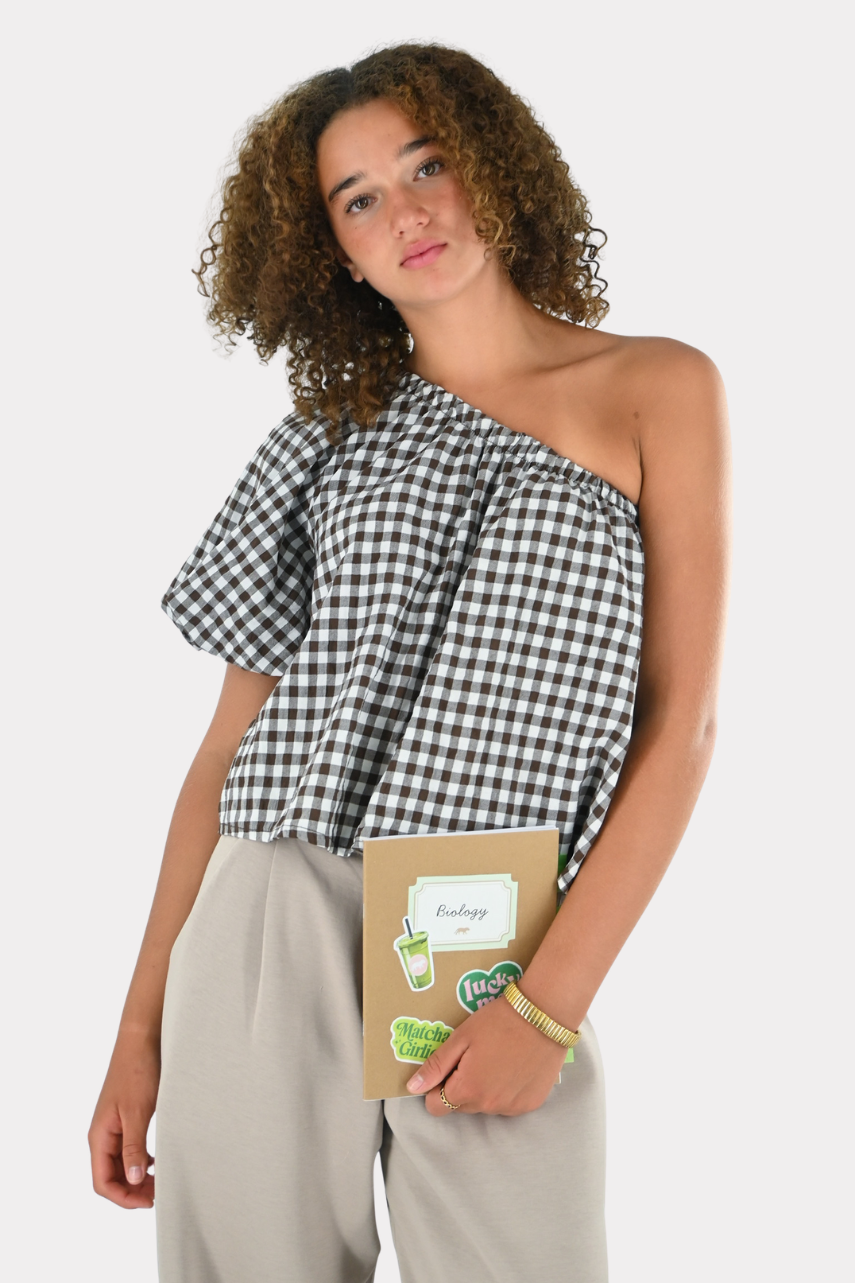 One shoulder check blouse - blauw