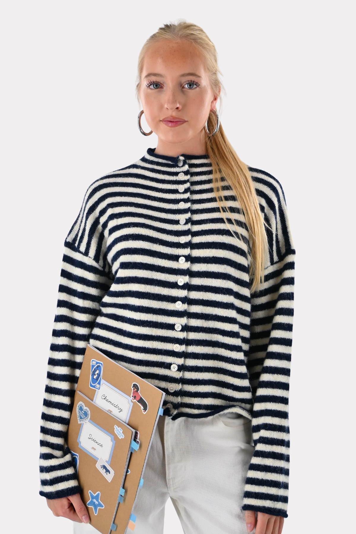 Eleanor Klassische gestreifte Strickjacke - Marine/Weiß