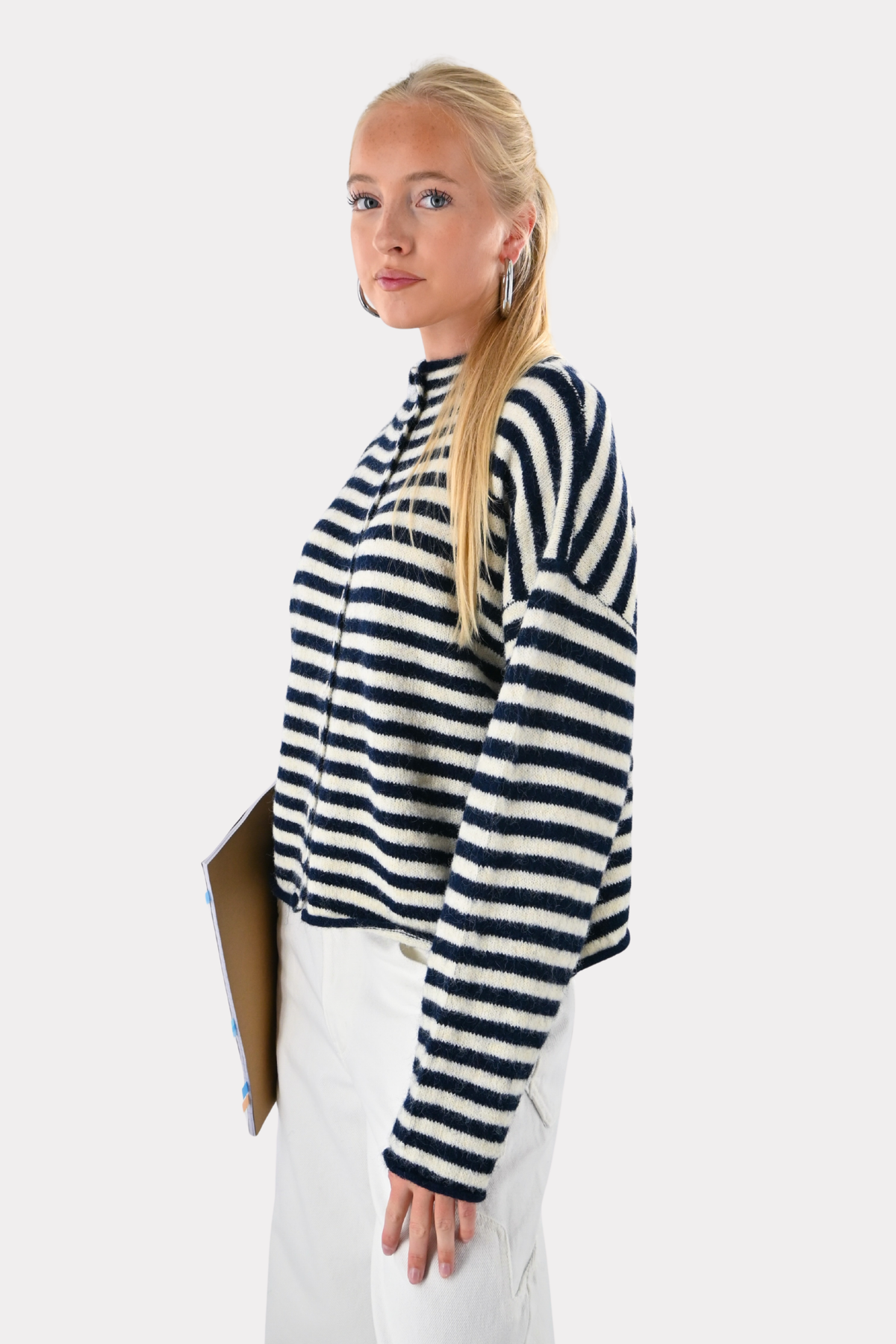 Eleanor Klassische gestreifte Strickjacke - Marine/Weiß