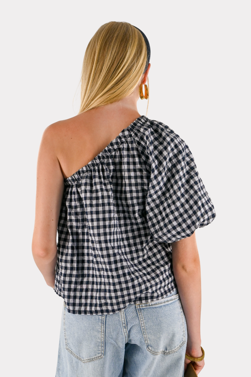 One-shoulder checked blouse - blue