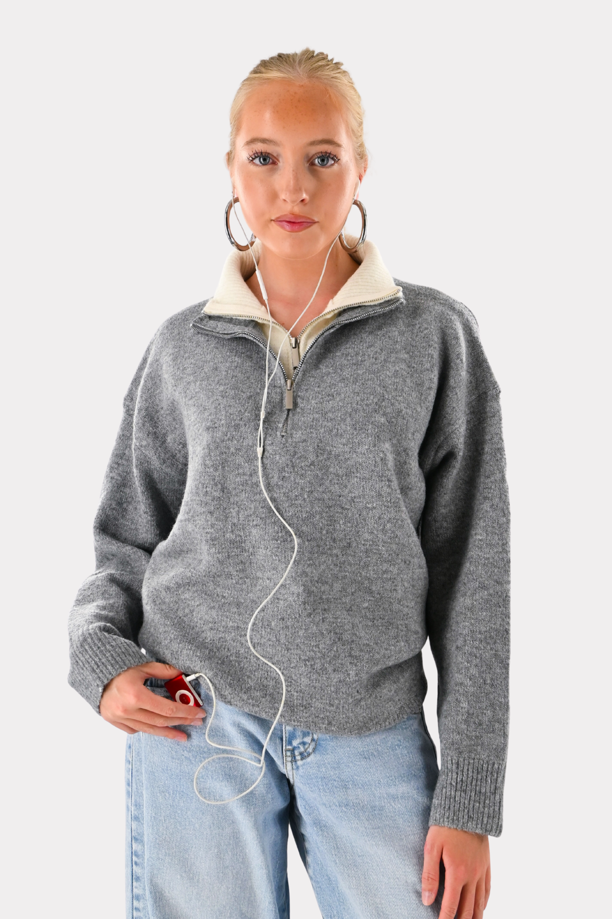 Caroline Pullover mit Reißverschluss - grau/weiß
