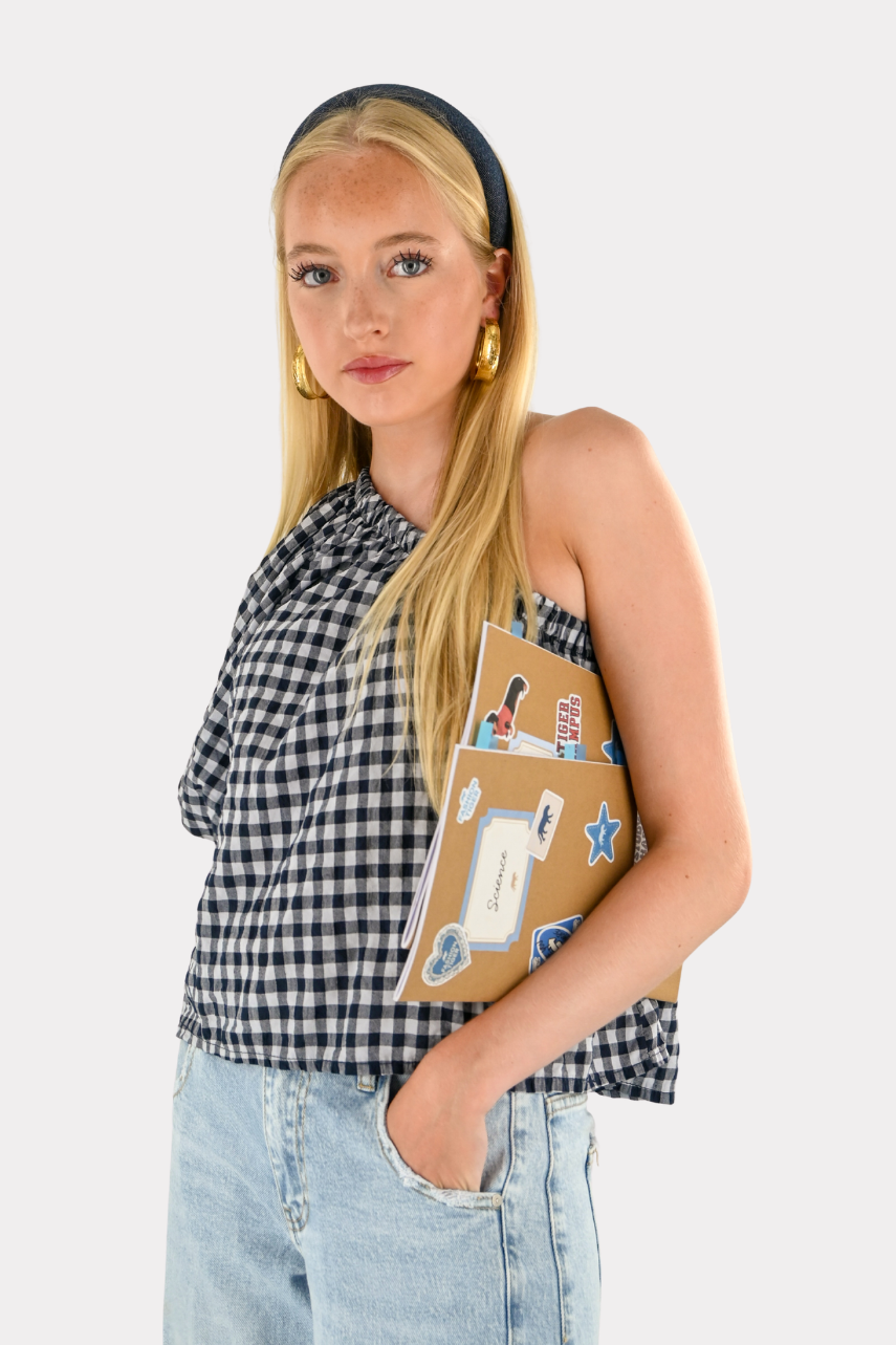 One-shoulder checked blouse - blue
