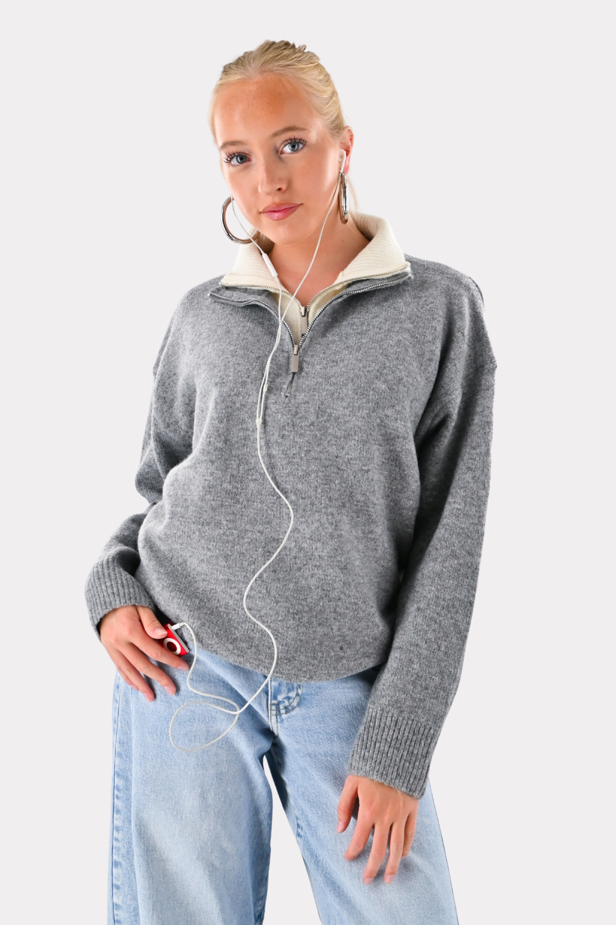 Caroline Pullover mit Reißverschluss - grau/weiß