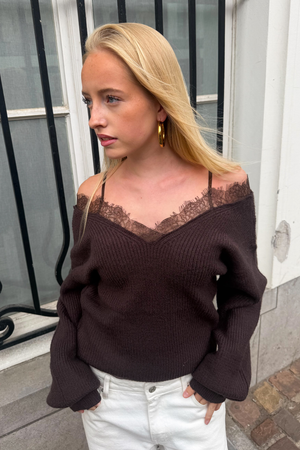Off-Shoulder-Spitzenstrick - Braun