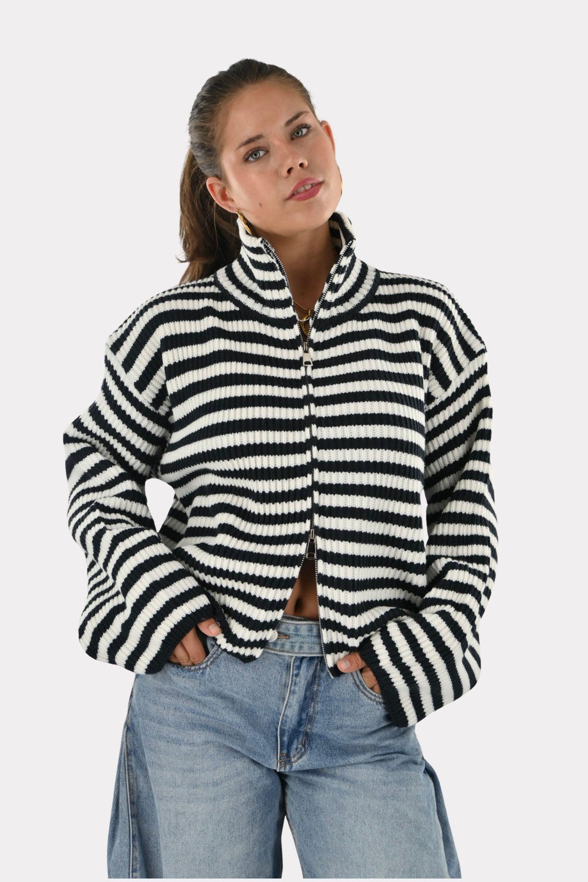Striped zipper - navy/wit
