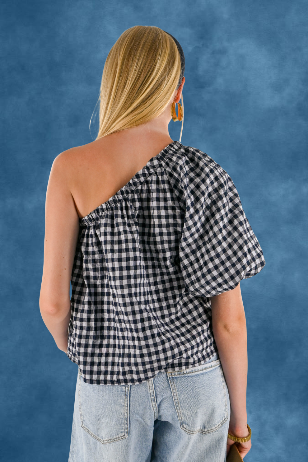 One shoulder check blouse - blauw