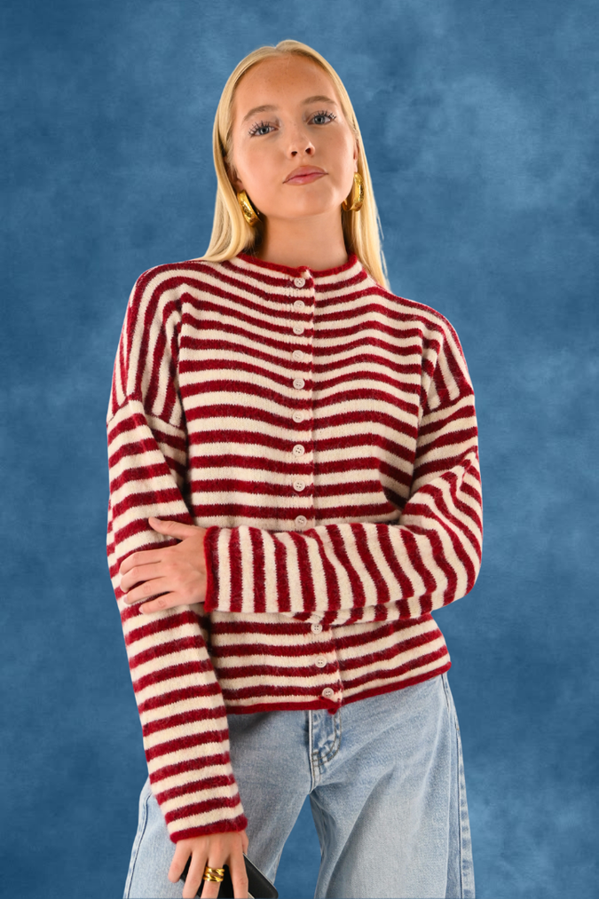 Eleanor classic stripe cardigan - bordeaux/wit
