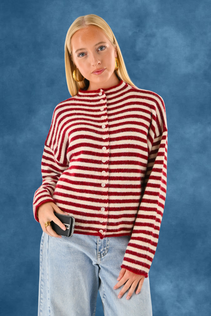 Eleanor classic stripe cardigan - bordeaux/wit