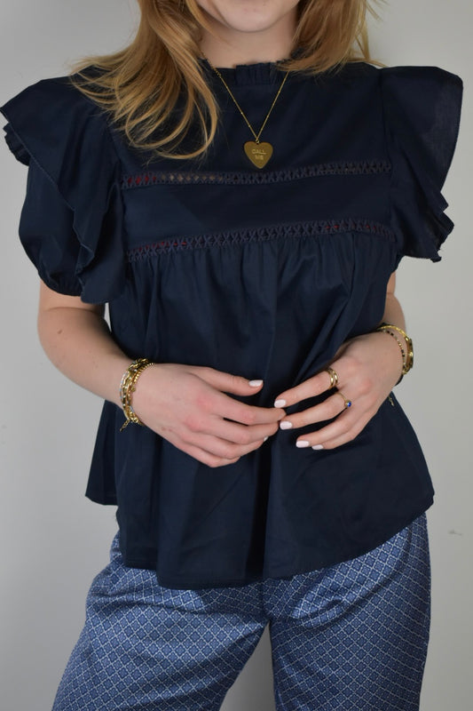 Ruffle blouse korte mouw - navy