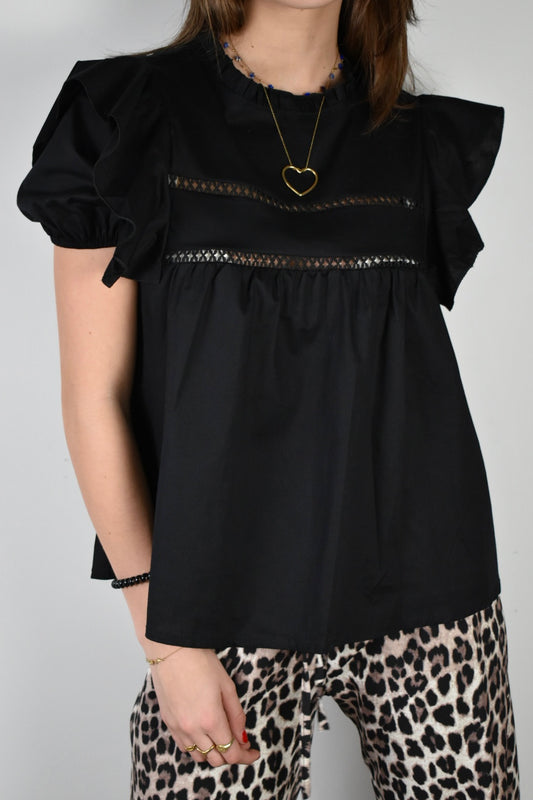 Ruffle blouse korte mouw - zwart