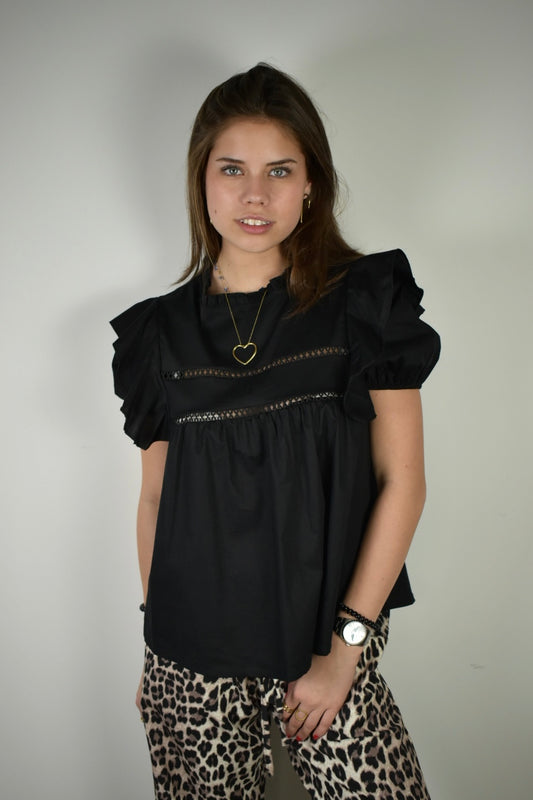 Ruffle blouse korte mouw - zwart