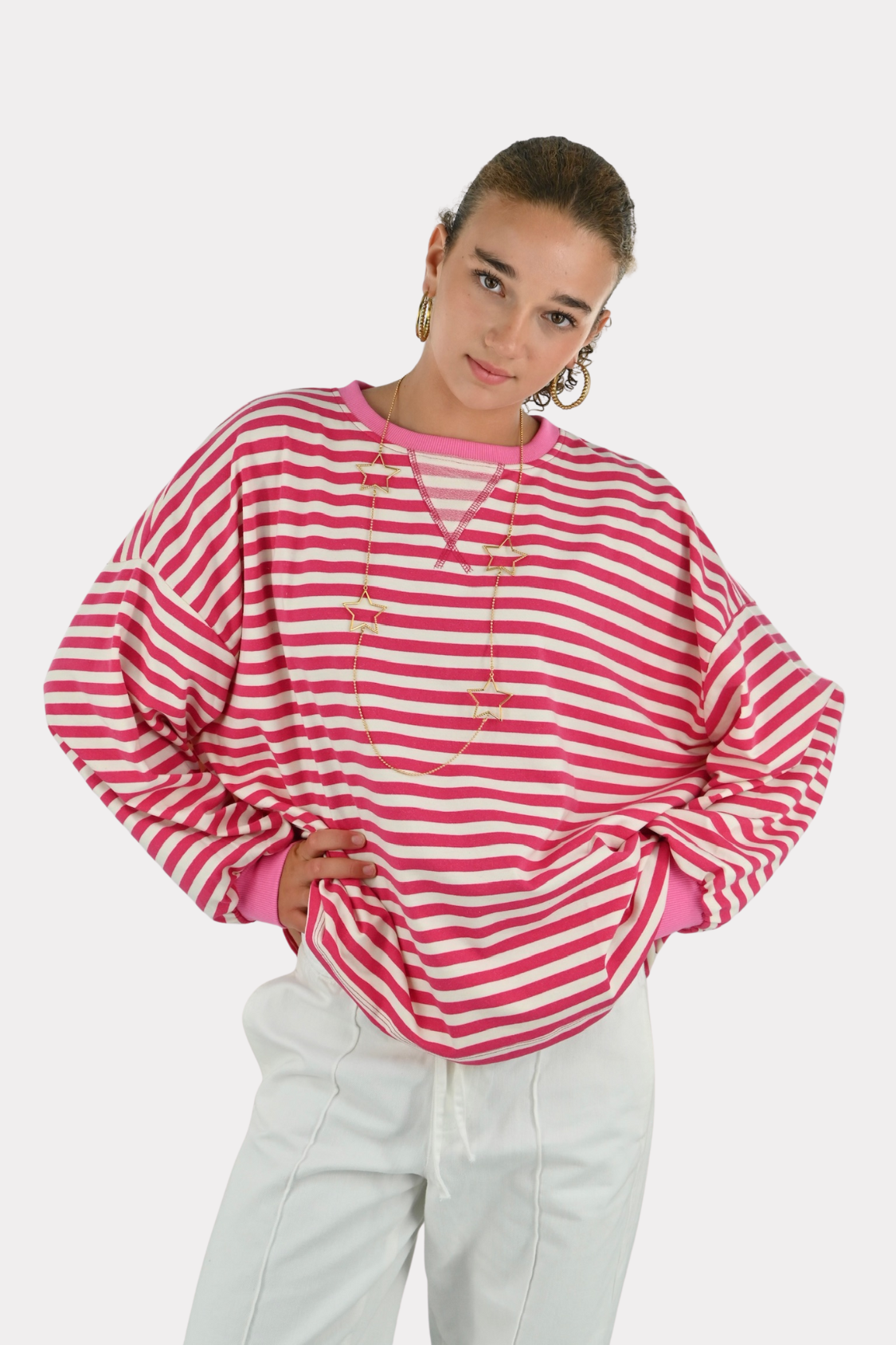 Lore t-shirt long sleeve striped - roze/wit
