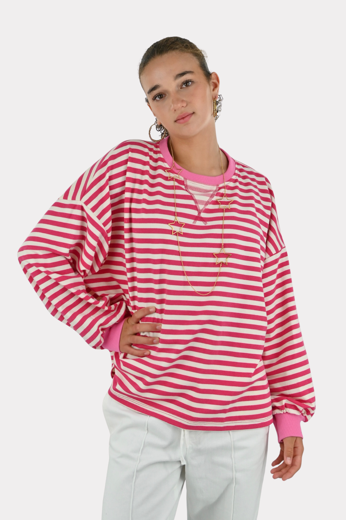 Lore t-shirt long sleeve striped - roze/wit - 1