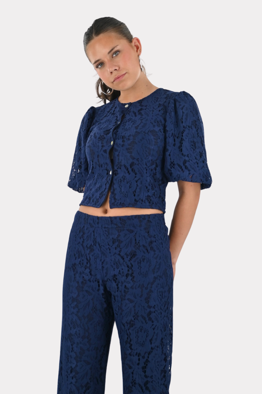Blouse unie à bords élastiqués - Marine