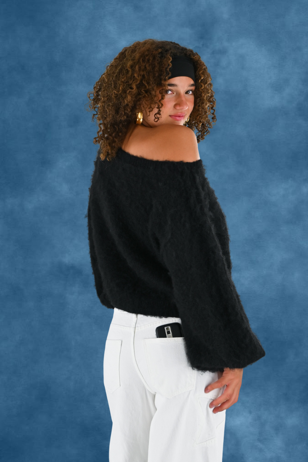 Maira Strickpullover mit Carmenausschnitt - Schwarz