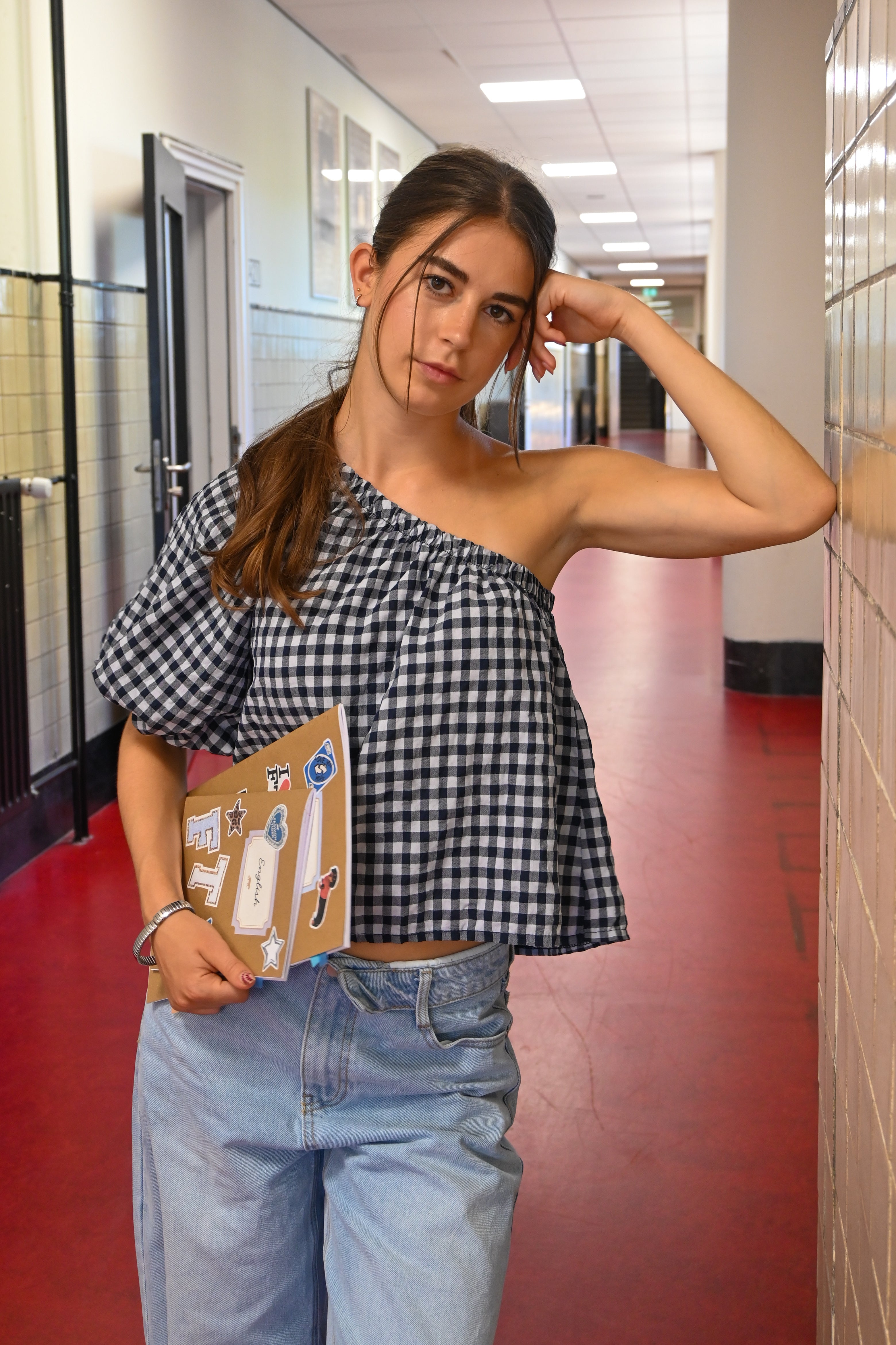 One shoulder check blouse - blauw - Fashiontiger 3