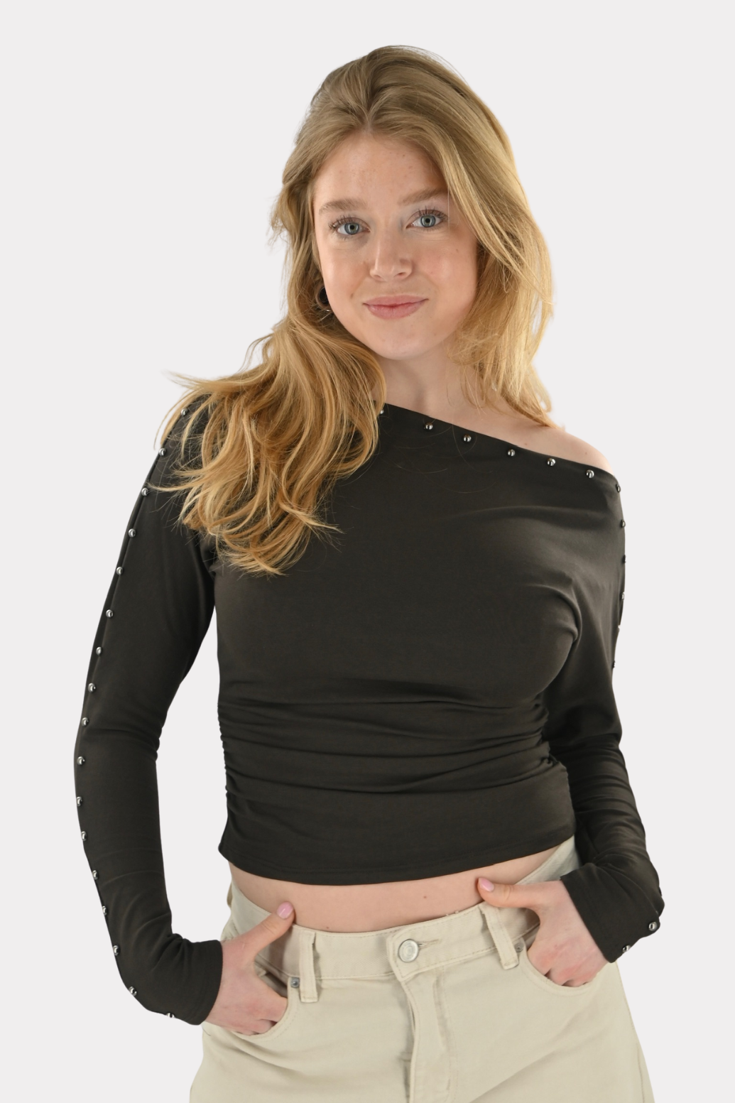 Studded longsleeve shirt - bruin - Fashiontiger 1