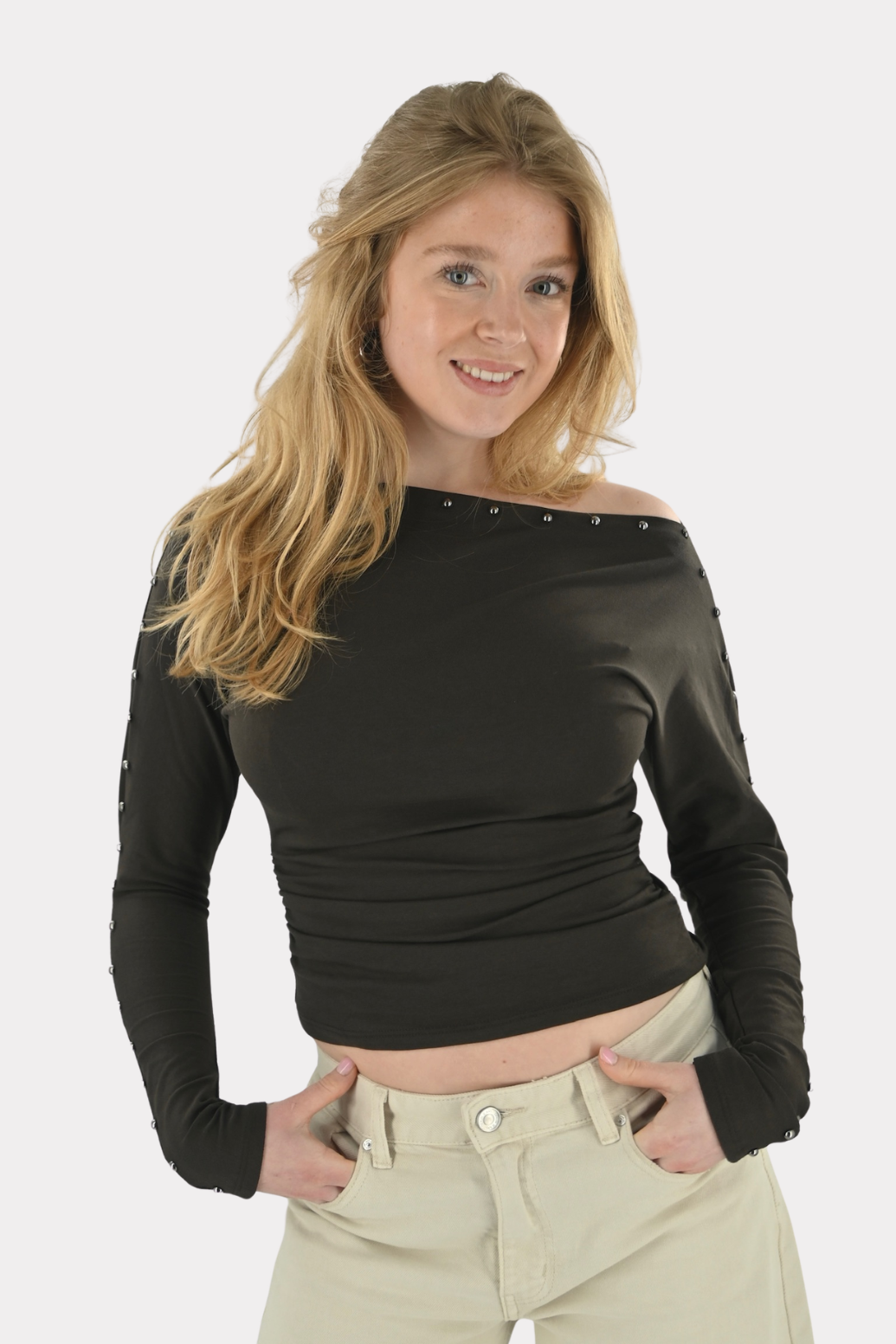 Studded longsleeve shirt - bruin - Fashiontiger 2