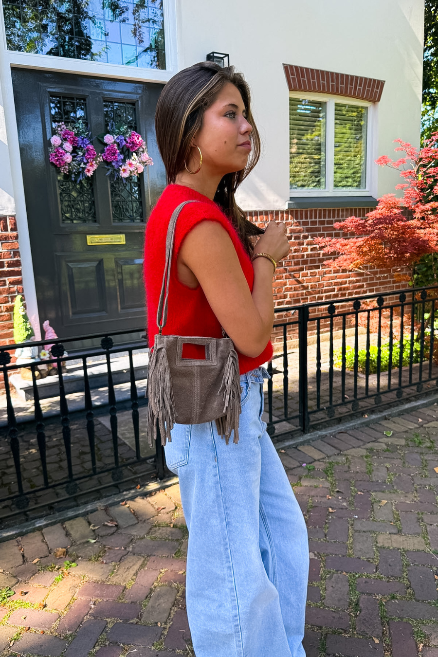 Wildleder-Tasche mit Fransen - Taupe - Fashiontiger 1