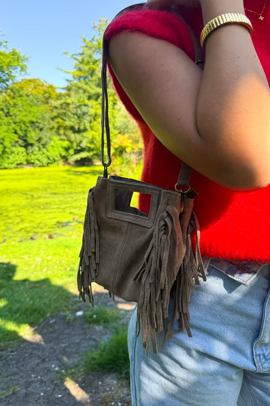 Suede fringe bag - taupe - Fashiontiger 2